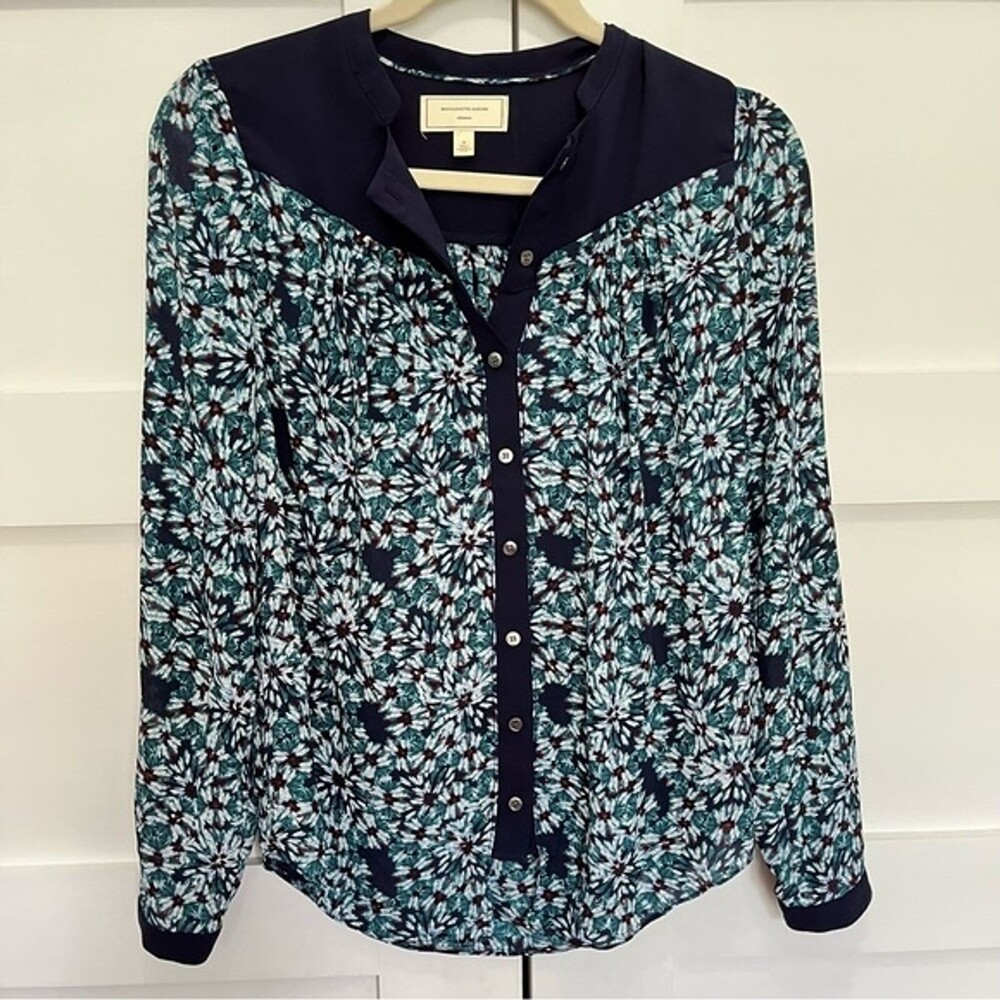 Anthropologie Moulinette Soeurs silk floral blouse Blue White Sz. 0 XS